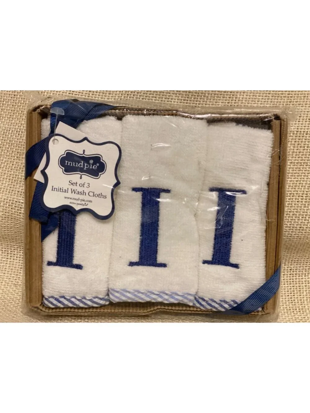 Mud Pie NWT monogram seersucker bath wash cloth set Baby Gift embroidered N O I